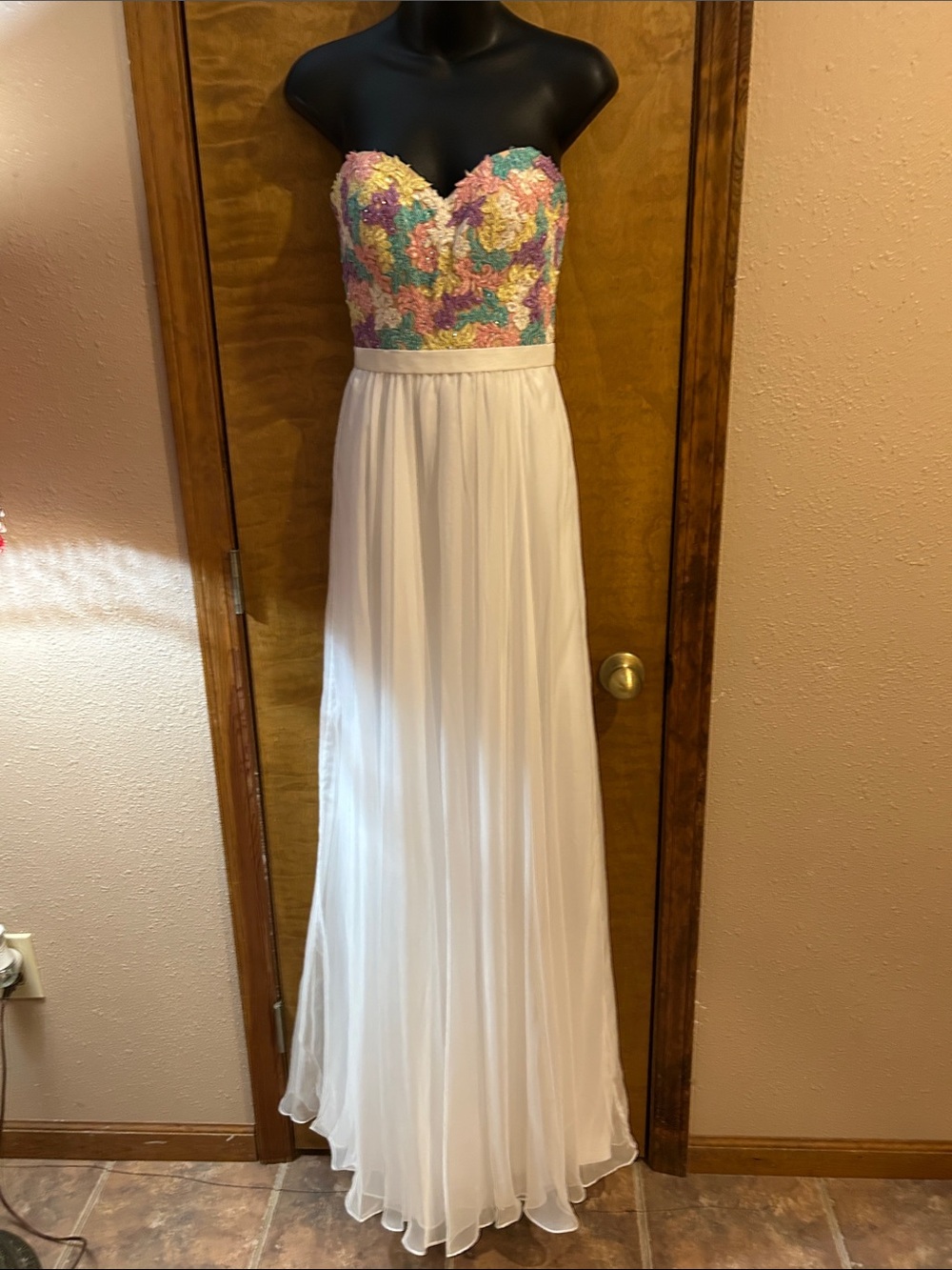 La Femme Strapless Pastel Sequin Bodice White Chiffon Skirt Gown
